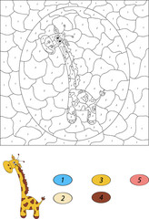 Color by number educational game for kids. Funny cartoon giraffe