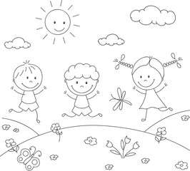 Boys and a girl playing in the meadow. Coloring book