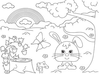 Forest glade with a hare, stub, strawberries, butterfly, trees,