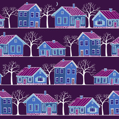 Fototapeta premium Beautiful Houses set with trees vector seamless pattern.