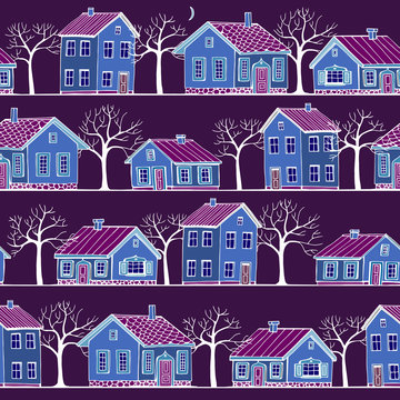 Beautiful Houses set with trees vector seamless pattern.