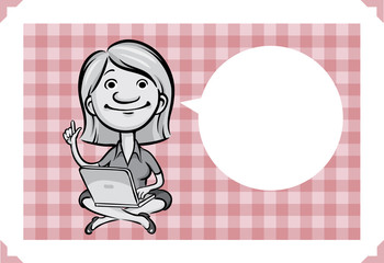Greeting card with pointing woman sitting with laptop computer