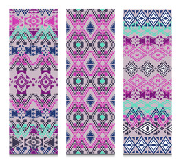 Vector set of banners or cards with tribal decorative patterns. Aztec ornamental style