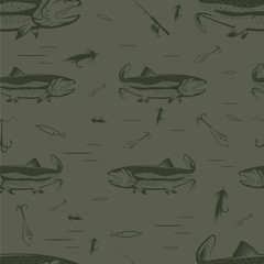Seamless pattern on the subject of fishing. With fish, boat and