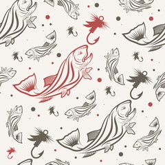 Fototapeta na wymiar Seamless pattern on the subject of fishing. With fish, boat and