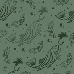 Seamless pattern on the subject of fishing. With fish, boat and