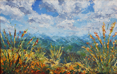 summer in the mountains, vegetation, clouds, oil painting