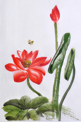 Lotus flower watercolor painting on a rice paper, original art, Asian style. © Veronika