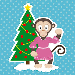 Fototapeta na wymiar Monkey and Christmas Tree