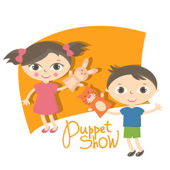 Illustration small kids with hand puppet toy. Vector