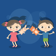 Illustration small kids with hand puppet toy. Vector
