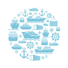 Fototapeta na wymiar Ship and boat icons background. transportation. shipping. blue white