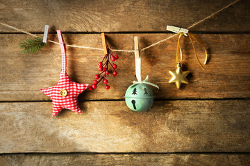 Beautiful Christmas toys on old wooden background