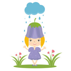 Illustration of happy small girl in flower hat. Vector