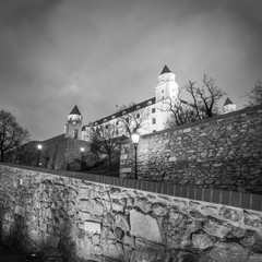bratislava castle in the evening in black and white version