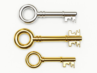 Silver and golden keys isolated on white background