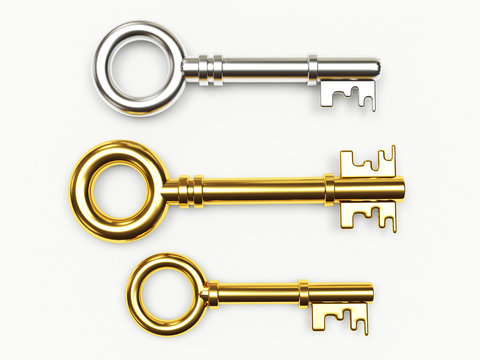Silver and golden keys isolated on white background