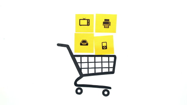 Adding products to shopping cart. Artistic paper cut out online shopping theme. Stop motion animation.