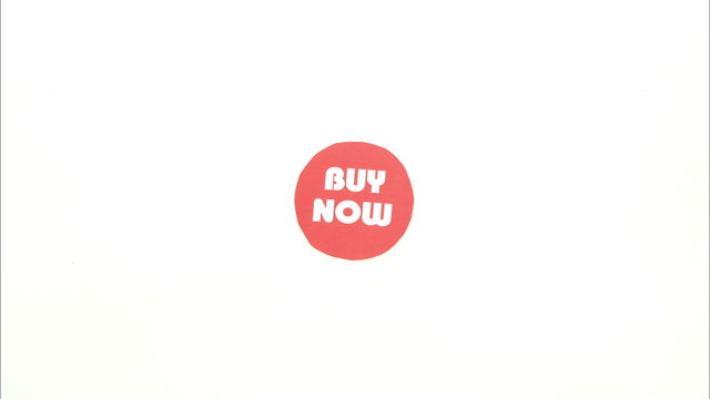 Buy now button with hand and goods falling to shopping cart. Cut out paper animation & pixilation.