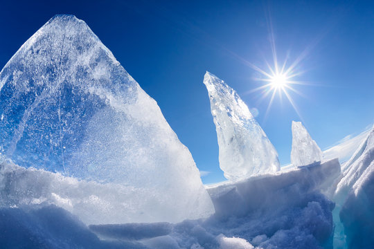 Ice Floe And Sun On Winter Baikal Lake