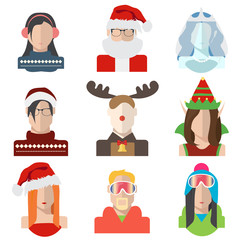 Christmas, winter avatar icons in flat style. Vector characters: Santa Claus, Snow Maiden, snowboarders, reindeer, elf. Set of illustrations icons. EPS 10