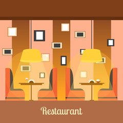 The interior design of the restaurant in a flat style. Dining table for date with glasses of wine, coffee, light and armchair. Flat style vector illustration.