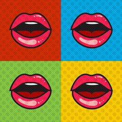Opened red sexy lips with tongue and teeth. Pop art style poster. Surprised opened mouth. Shiny wet lips. Vector illustration EPS 10
