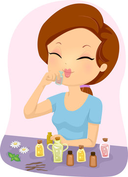 woman smelling essential oil bottles clip art preview