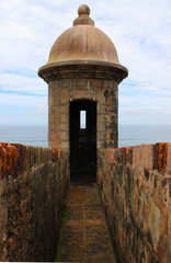 Fort Sentry Box Against Blue Sky and Water Castillo de San Cristóbal, San Juan Puerto Rico.