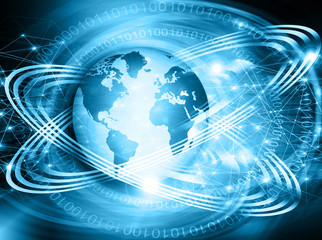 Best Internet Concept of global business. Globe, glowing lines on technological background. Electronics, Wi-Fi, rays, symbols Internet, television, mobile and satellite communications
