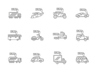 Car rent and sale flat line vector icons set