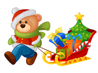 Cartoon bear bringing sleigh with Christmas tree and gifts