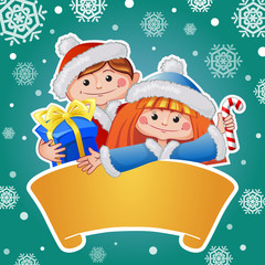 Obraz na płótnie Canvas Christmas card with cute girl and boy. Place for greeting text