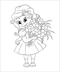 Cute little girl with bouquet. Black and white vector illustration for coloring book