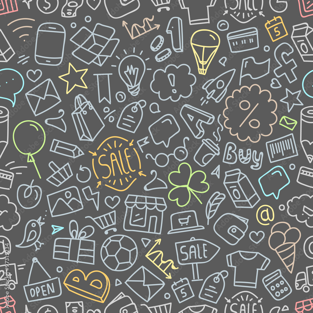 Poster different web interface doodle silhouettes seamless pattern. car