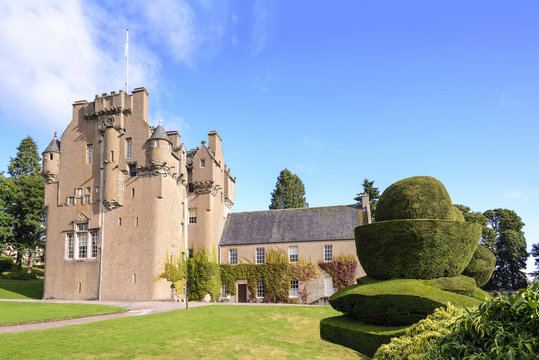 View of Crathes Castle in Scotland. Crathes is a 16th-century castle near Banchory in the Aberdeenshire region of Scotland. The castle and grounds are open to the public.