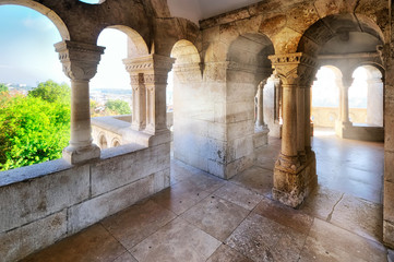 Arches and columns at Fisherman's Bastion in Budapest. Hungary