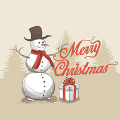 hand drawn snowman, with merry christmas lettering

