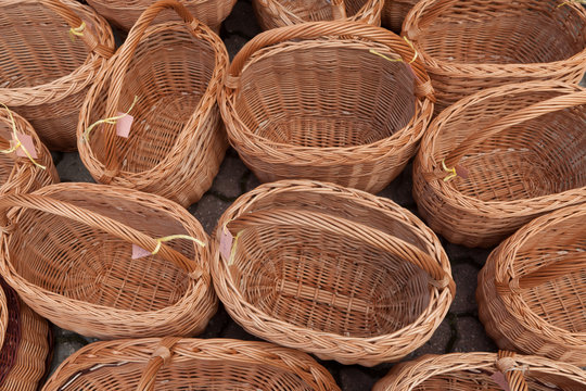 several baskets on sale at farmers market