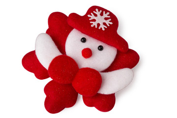 White and red snowman in red hat with white snowflake christmas decoration on white background