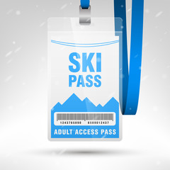 Ski pass vector illustration. Blank ski pass template with barcode in plastic holder with blue lanyard. Vertical layout.