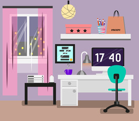 Bedroom Interior flat design. Room in pink colors with window, computer, desk, chair, lamp. Modern vector illustration