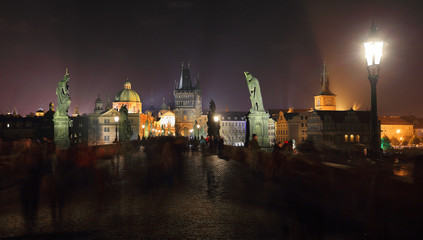 Obraz premium The night View on bright Prague Old Town above the River Vltava, Czech Republic