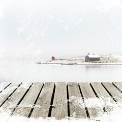 Norway Cottage on winter coast with wooden platform dock with white snow grunge