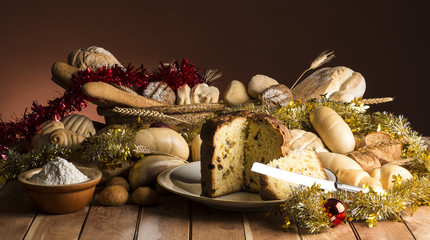bread and Christmas cake on the wooden table