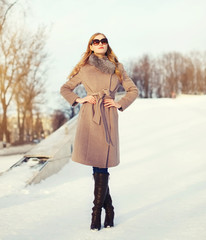 Beautiful elegant young woman wearing a coat and sunglasses in w