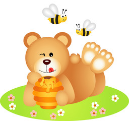 Obraz premium Teddy bear lying holding honey