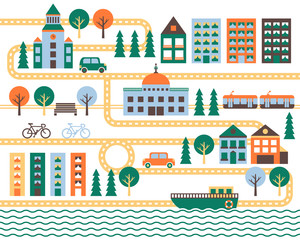 City vector background with road. Minimalistic design. Yellow, orange, light blue and turquoise.