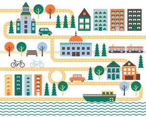Obraz premium City vector background with road. Minimalistic design. Yellow, orange, light blue and turquoise.
