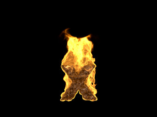 Feuer Buchstabe x auf schwarzem Hintergrund